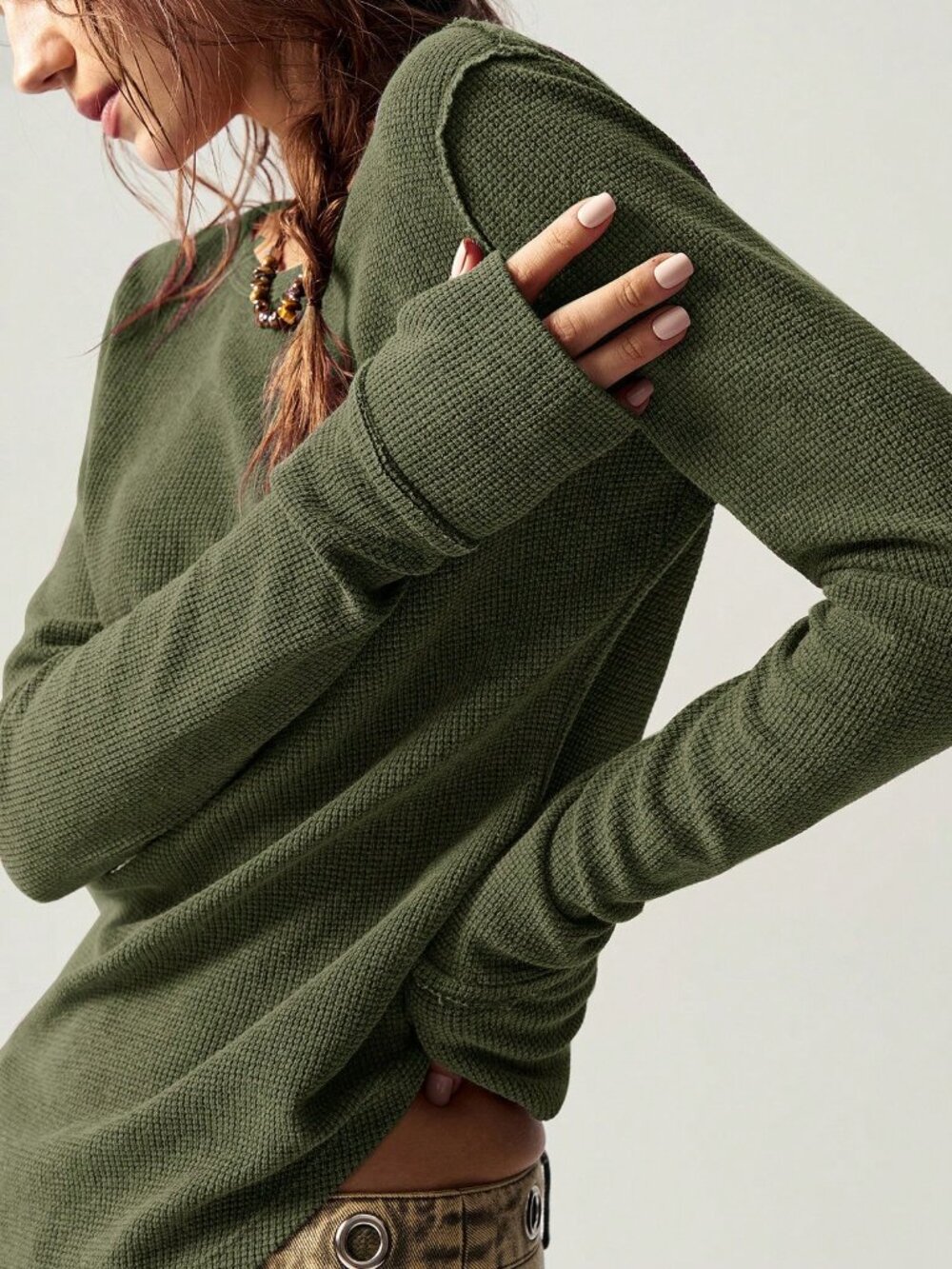 Army Green Casual Women's Knit Crew Neck Long Sleeve Fitted T-Shirt